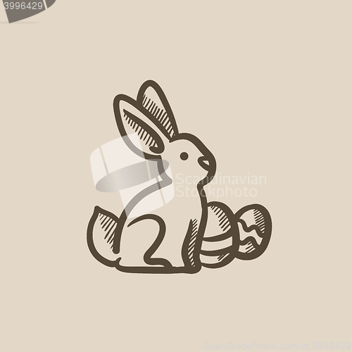 Image of Easter bunny with eggs sketch icon.