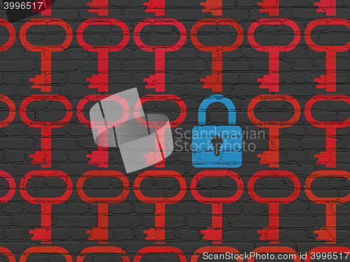 Image of Protection concept: closed padlock icon on wall background