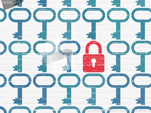 Image of Security concept: closed padlock icon on wall background
