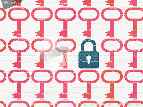 Image of Protection concept: closed padlock icon on wall background