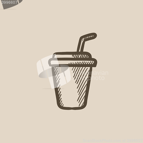 Image of Disposable cup with drinking straw sketch icon.