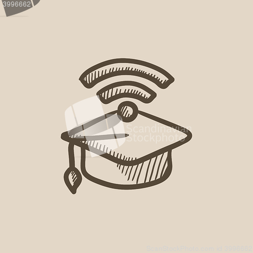 Image of Graduation cap with wi-fi sign sketch icon.