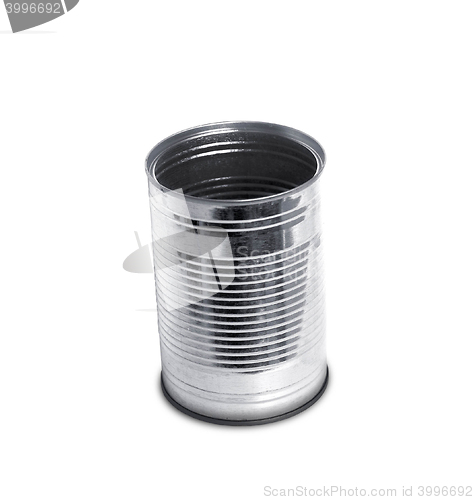 Image of Empty open tin can without label isolated on white.