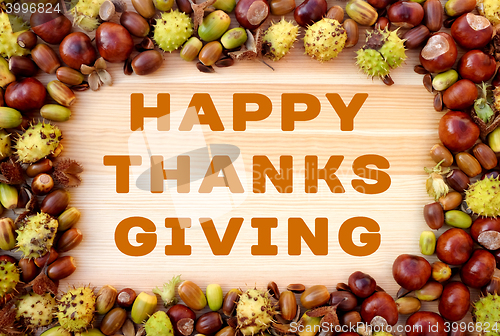 Image of Happy Thanksgiving greeting with natural autumn frame