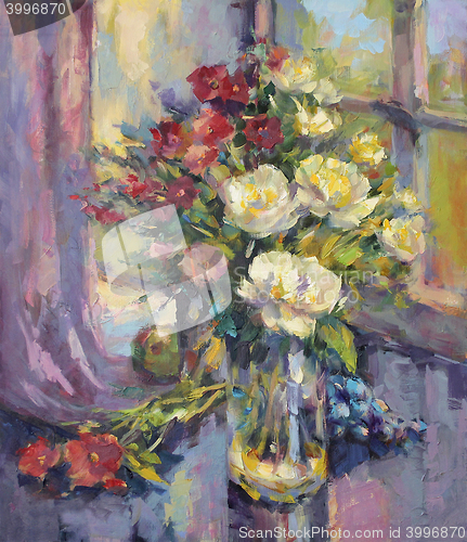 Image of painted still life with peonies and grapes
