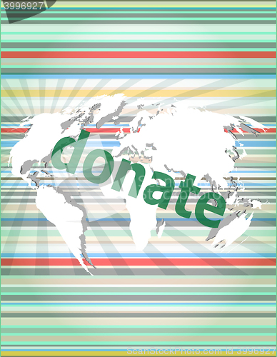 Image of business concept: words donate on digital touch screen vector quotation marks with thin line speech bubble. concept of citation, info, testimonials, notice, textbox