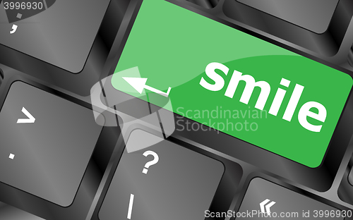 Image of Computer keyboard with smile words on key - business concept. Keyboard keys icon button vector