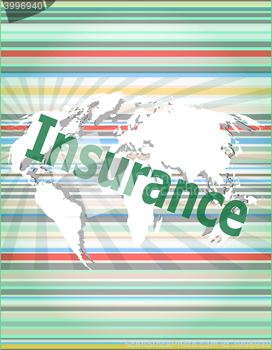 Image of The word insurance on digital screen, business concep tvector quotation marks with thin line speech bubble. concept of citation, info, testimonials, notice, textbox