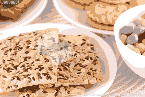 Image of sweet cake on white plate with fruits vector illustration