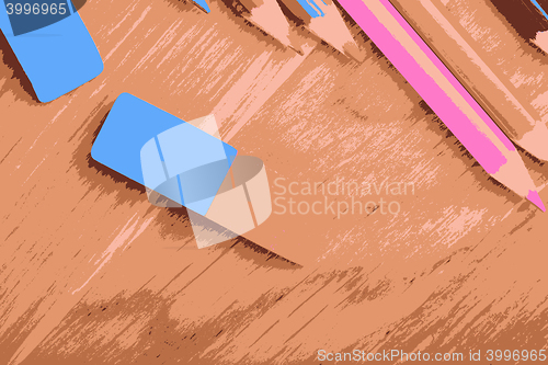 Image of pencil set on wooden plate with eraser vector illustration