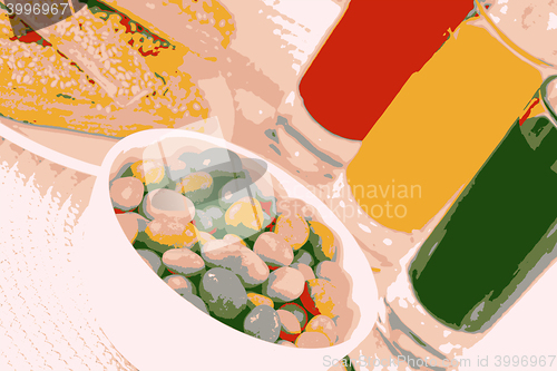 Image of sweet cake on white plate and juice vector illustration