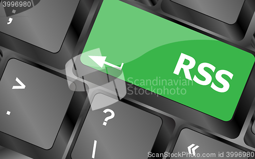 Image of RSS button on keyboard key close-up. Keyboard keys icon button vector