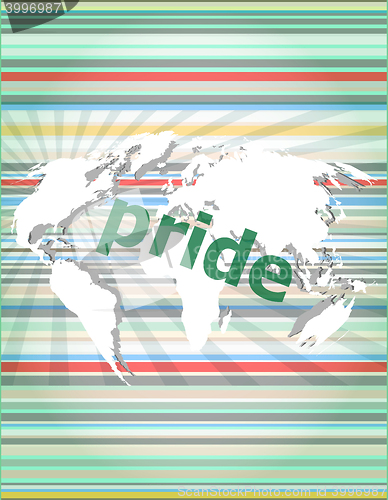 Image of The word pride on business digital screen vector quotation marks with thin line speech bubble. concept of citation, info, testimonials, notice, textbox