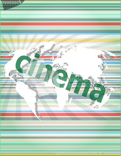 Image of cinema word on digital screen with world map vector quotation marks with thin line speech bubble. concept of citation, info, testimonials, notice, textbox