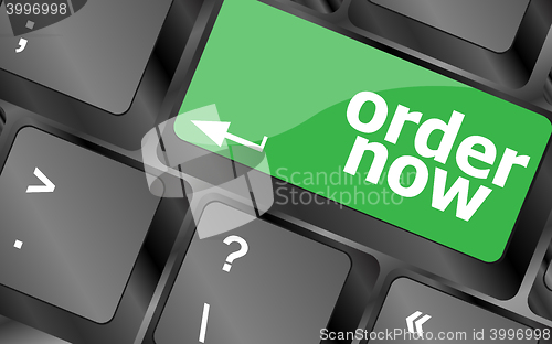 Image of Order now computer key showing online purchases and shopping. Keyboard keys icon button vector