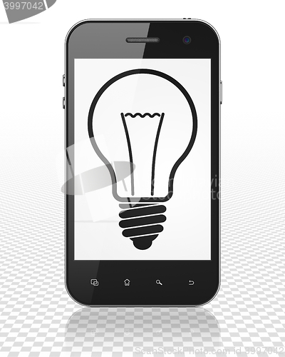 Image of Finance concept: Smartphone with Light Bulb on display