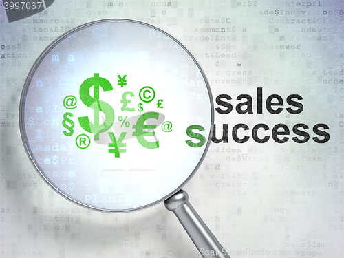 Image of Advertising concept: Finance Symbol and Sales Success with optical glass