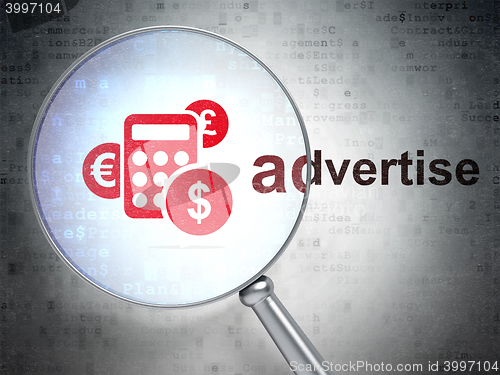 Image of Marketing concept: Calculator and Advertise with optical glass