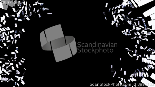 Image of Destruction: pieces of cubic shattered glass isolated