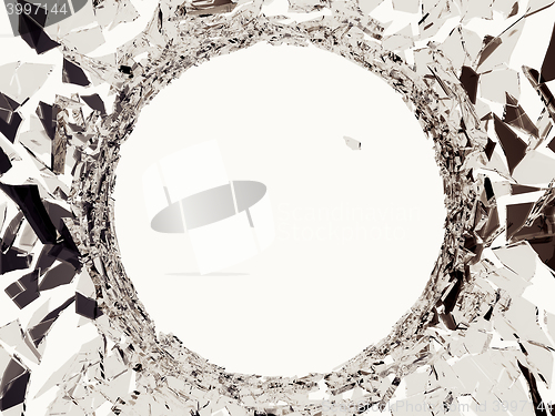 Image of Demolished glass with sharp pieces and bullet hole