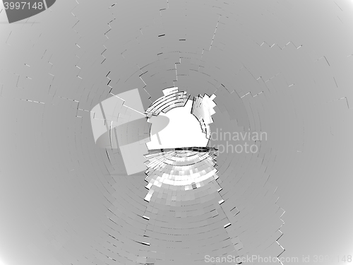 Image of Shattered glass and large hole in the center bullet hole