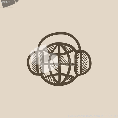 Image of Globe in headphones sketch icon.