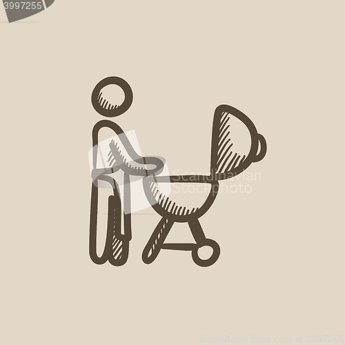 Image of Man at barbecue grill sketch icon.