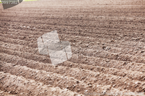 Image of plowed field, furrows