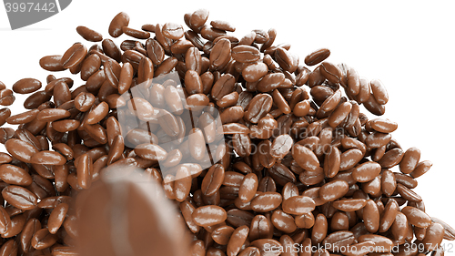 Image of roasted coffee beans falling down and mixing isolated 