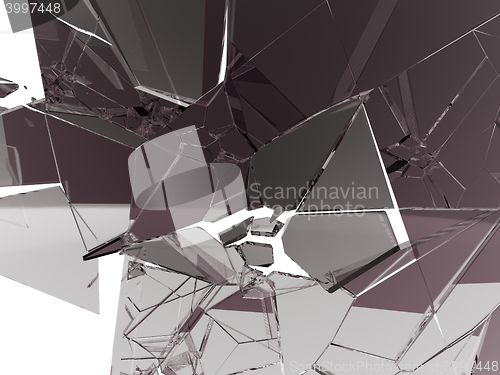 Image of Many large pieces of shattered glass isolated on white