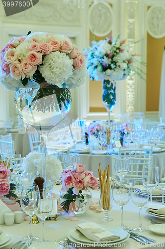 Image of Table set for wedding or another catered event dinner