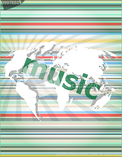 Image of music word, backgrounds touch screen with transparent buttons. concept of a modern internet vector quotation marks with thin line speech bubble. concept of citation, info, testimonials, notice, textbo