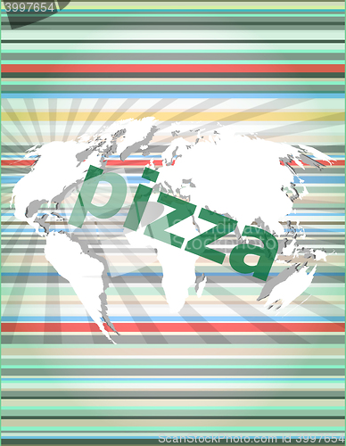 Image of pizza, hi-tech background, digital business touch screen vector quotation marks with thin line speech bubble. concept of citation, info, testimonials, notice, textbox