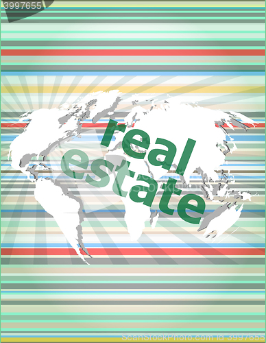 Image of real estate text on touch screen vector quotation marks with thin line speech bubble. concept of citation, info, testimonials, notice, textbox