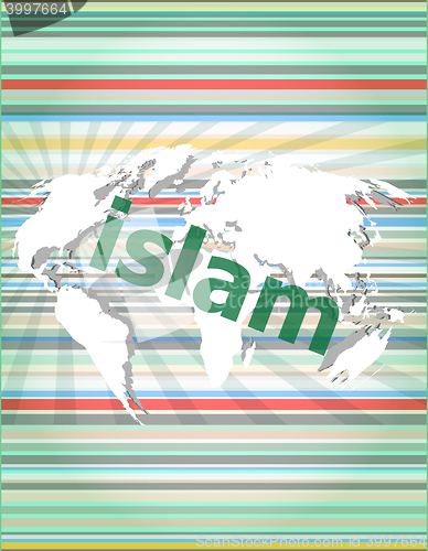 Image of islam, hi-tech background, digital business touch screen vector quotation marks with thin line speech bubble. concept of citation, info, testimonials, notice, textbox