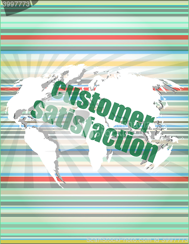 Image of Marketing concept: words customer satisfaction on digital screen vector quotation marks with thin line speech bubble. concept of citation, info, testimonials, notice, textbox