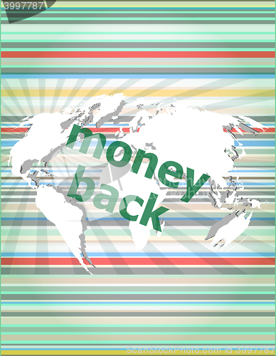 Image of words money back on digital screen, business concept vector quotation marks with thin line speech bubble. concept of citation, info, testimonials, notice, textbox