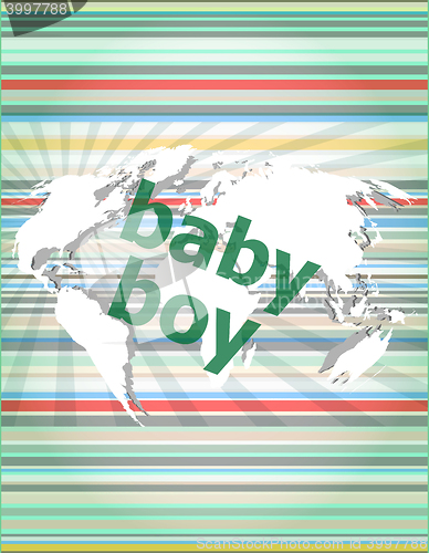 Image of baby boy word on a virtual digital background vector quotation marks with thin line speech bubble. concept of citation, info, testimonials, notice, textbox