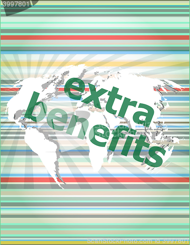 Image of extra benefits slogan poster concept. Financial support message design vector quotation marks with thin line speech bubble. concept of citation, info, testimonials, notice, textbox