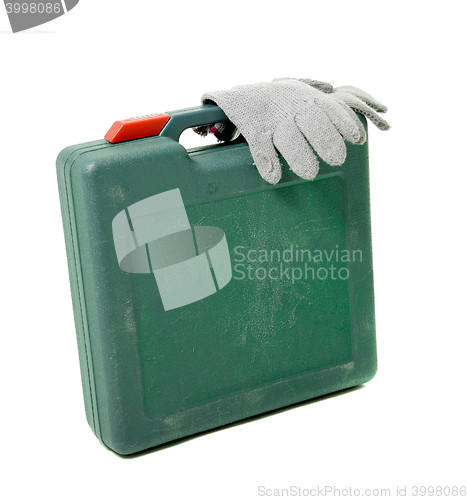 Image of tool box with gloves isolated on white