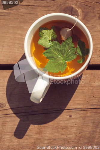 Image of Top view of tea with currant leaf in white cup. Vertical image