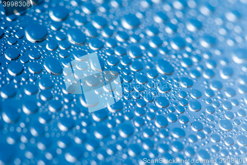 Image of close-up of water drops on the blue background 