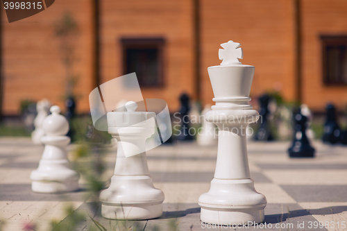 Image of big chess on a background of  wooden house and grass field