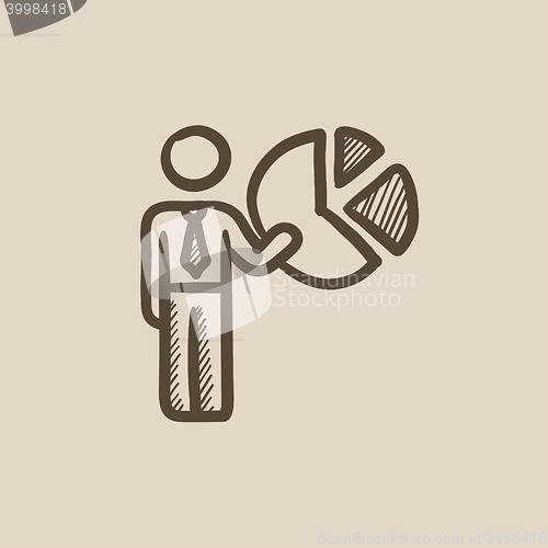 Image of Businessman pointing at the pie chart sketch icon.