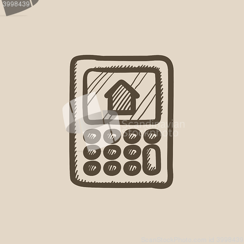 Image of Calculator with house on display sketch icon.