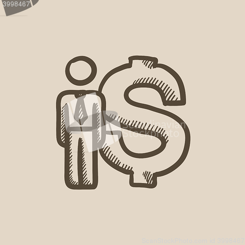 Image of Businessman stands near dollar symbol sketch icon.