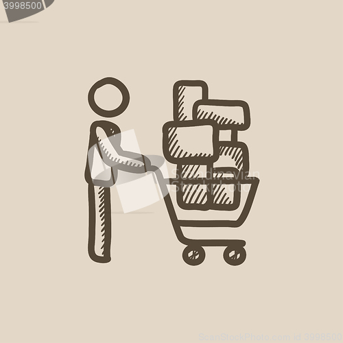 Image of Man pushing shopping cart sketch icon.