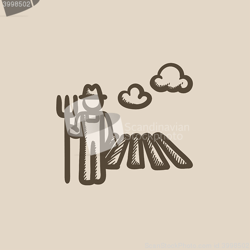Image of Farmer with pitchfork at field sketch icon.