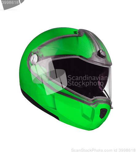 Image of green shiny motorcycle helmet Isolated