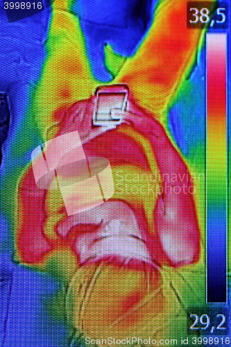 Image of Infrared image showing the heat emission when woman used smartph